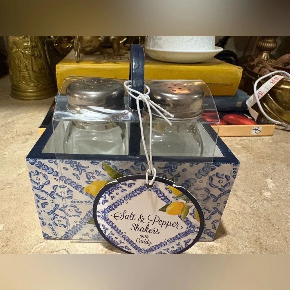 Lemon Patterned Salt and Pepper Caddy Set NWT